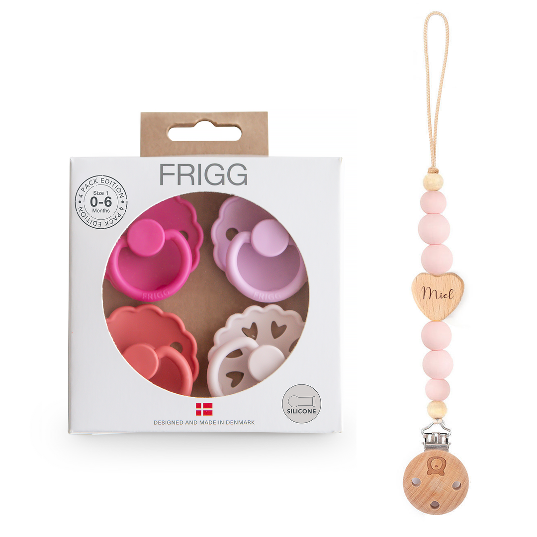 FRIGG Natural Rubber Latex Pacifier Pack of 4 & Matching JBØRN Clip Set - Personalisable Baby Products Sold and Personalised by JustBørn