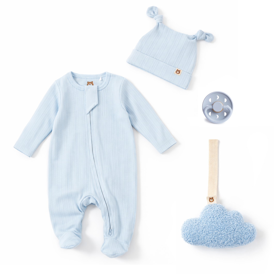 JBØRN Bamboo Sleepsuit, Plush Comforter & Frigg Pacifier Set Baby Blue | Sleepsuit & Pacifier Set - Personalisable Baby Products Sold and Personalised by JustBørn