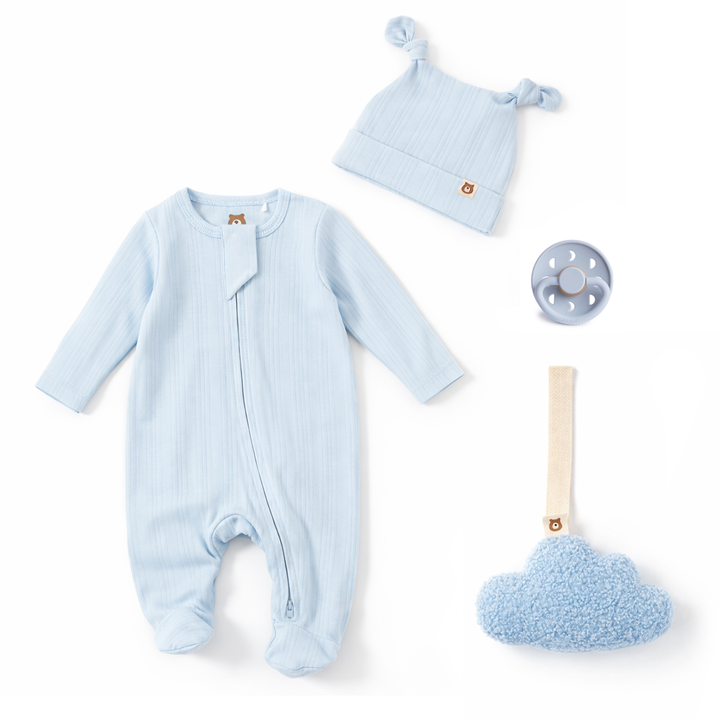 JBØRN Bamboo Sleepsuit, Plush Comforter & Frigg Pacifier Set Baby Blue | Sleepsuit & Pacifier Set - Personalisable Baby Products Sold and Personalised by JustBørn