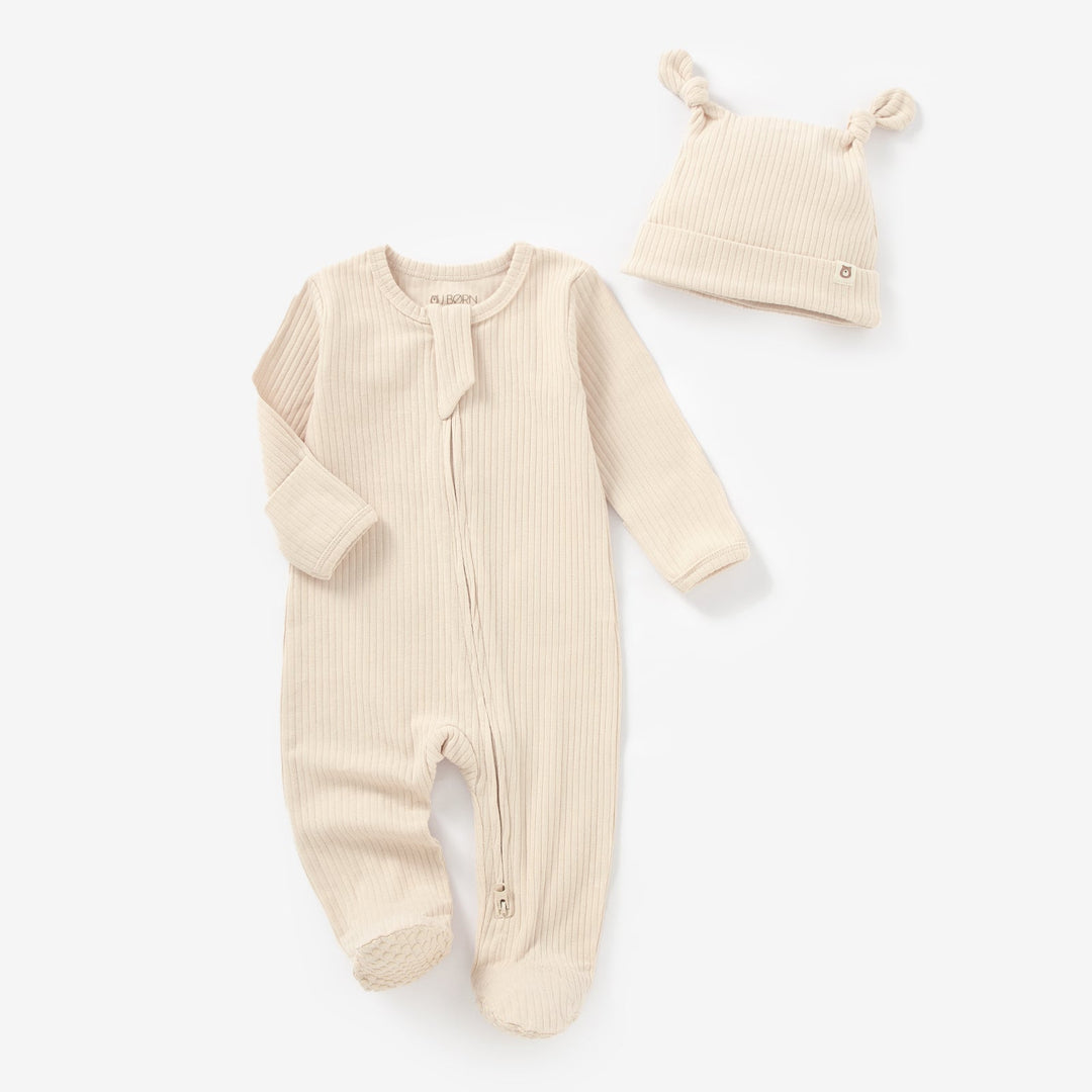 JBØRN Organic Cotton Ribbed Baby Sleep Suit and Hat Ribbed Cream - Personalisable Baby Products Sold and Personalised by JustBørn