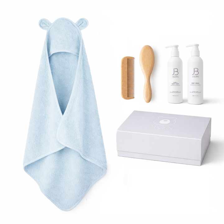 JBØRN Luxury Baby Bath Gift Set | Hooded Towel, Hair Brushes & Skin Care Set Bath Care Set | Baby Blue - Personalisable Baby Products Sold and Personalised by JustBørn
