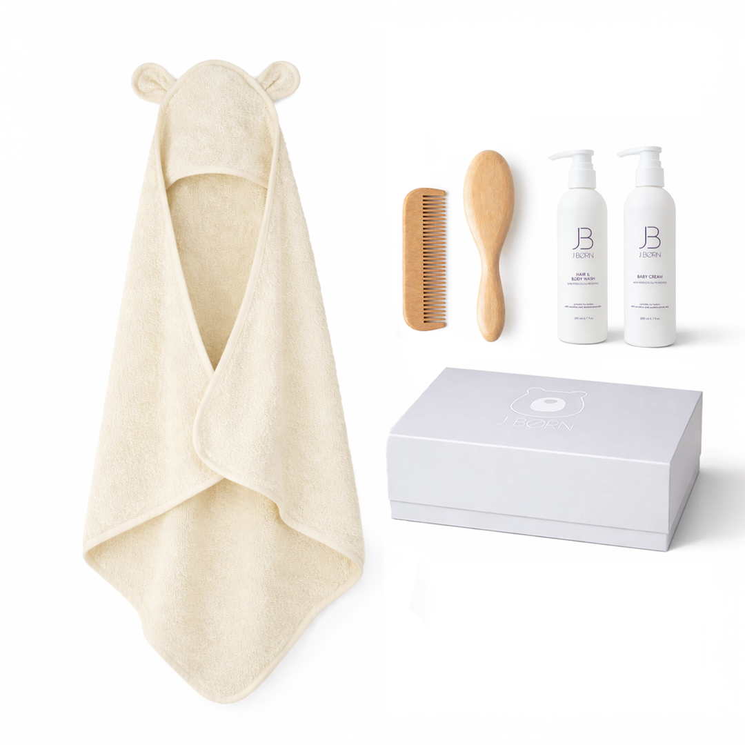 JBØRN Luxury Baby Bath Gift Set | Hooded Towel, Hair Brushes & Skin Care Set Bath Care Set | Ivory - Personalisable Baby Products Sold and Personalised by JustBørn