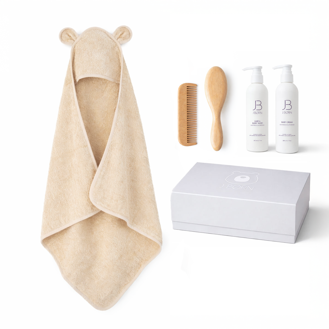JBØRN Luxury Baby Bath Gift Set | Hooded Towel, Hair Brushes & Skin Care Set Bath Care Set | Vanilla - Personalisable Baby Products Sold and Personalised by JustBørn