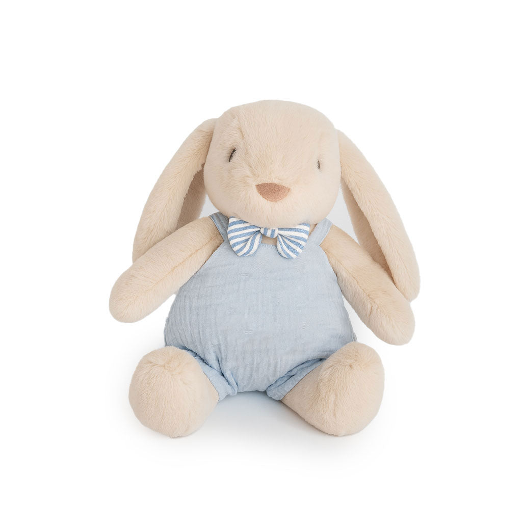 JBØRN Beige Bunny Soft Toy with Personalised Outfit Beige Cuddle Bunny in Blue Dungarees - Personalisable Baby Products Sold and Personalised by JustBørn