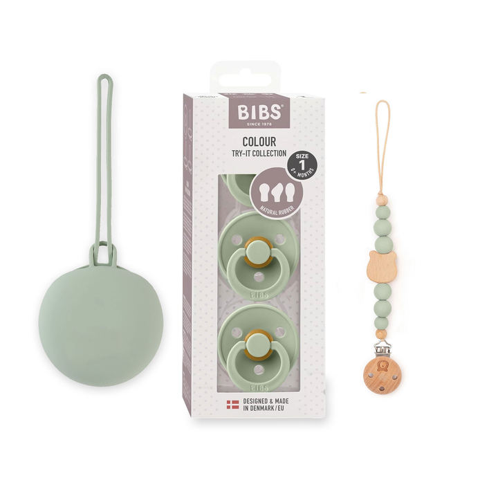 JBØRN x BIBS Pacifier Set | Baby's First Pacifier Pack & Holders BIBS Try Pack & Holders Set | Sage - Personalisable Baby Products Sold and Personalised by JustBørn