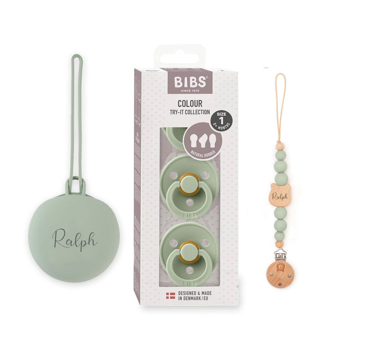 JBØRN x BIBS Baby Gift Set | Baby's First Pacifier Pack & Holders Set Sage - Personalisable Baby Products Sold and Personalised by JustBørn