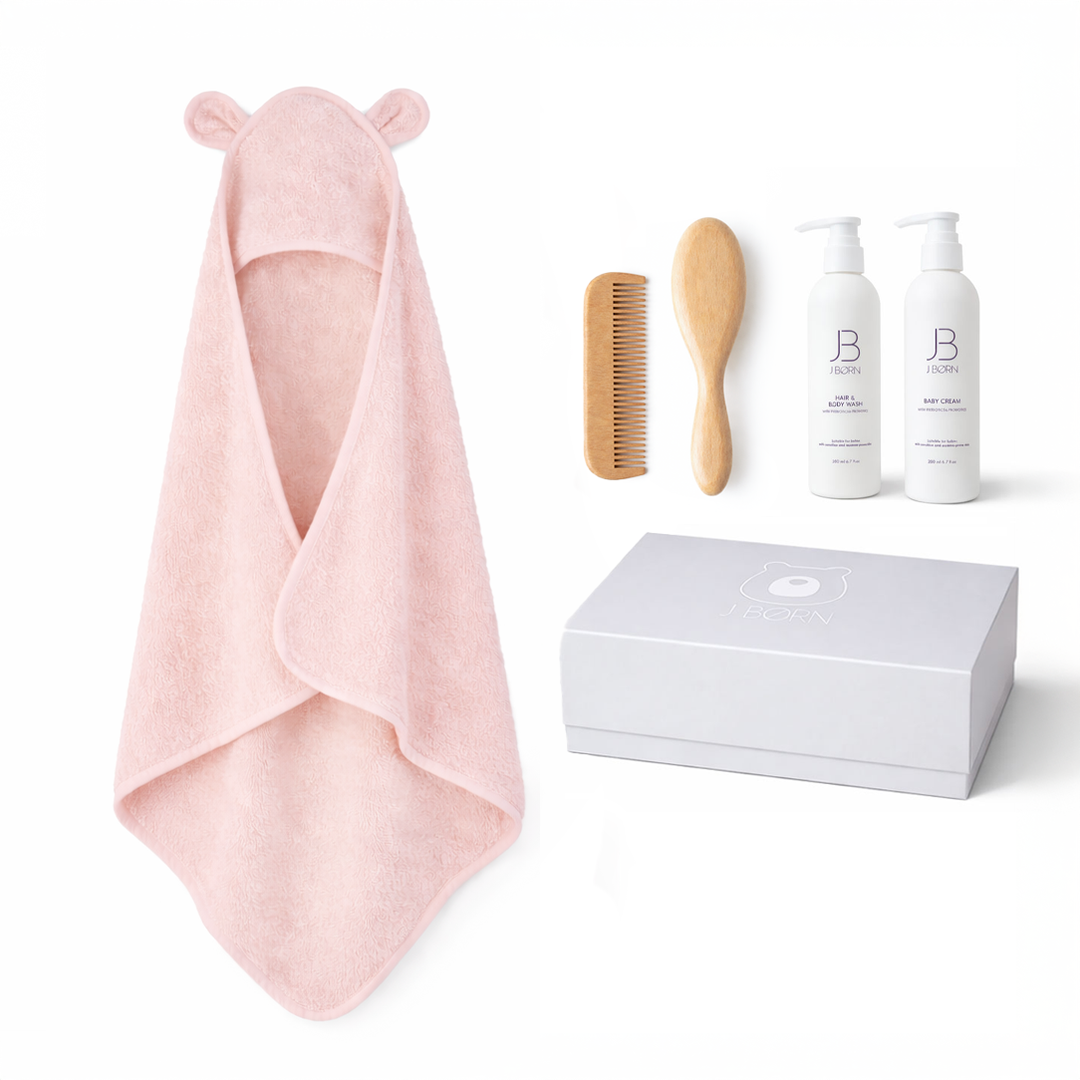 JBØRN Luxury Baby Bath Gift Set | Hooded Towel, Hair Brushes & Skin Care Set Blossom - Personalisable Baby Products Sold and Personalised by JustBørn