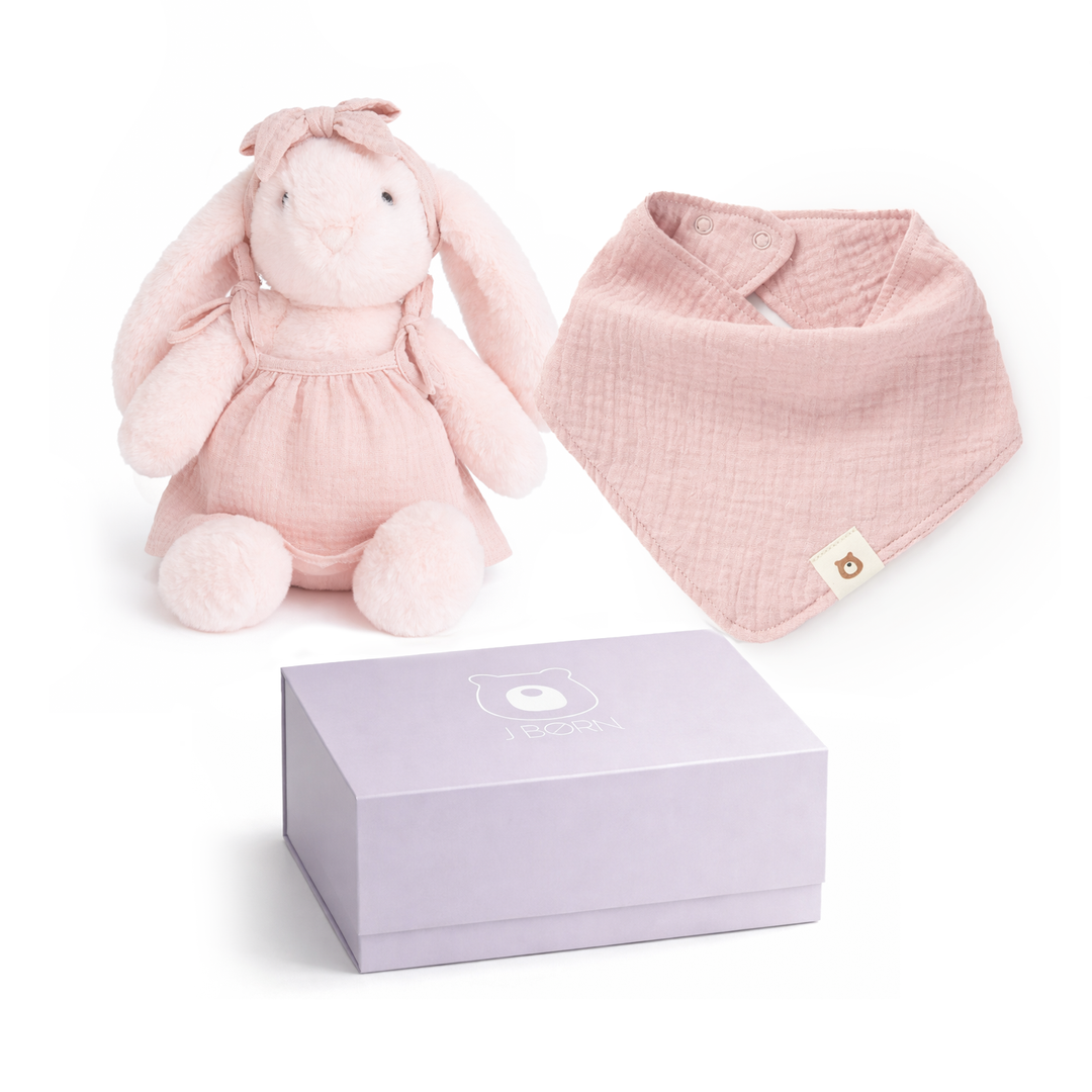 JBØRN Baby Gift Set | Bunny Soft Toy & Matching Muslin Baby Bib Blush Bunny & Bib Gift Set - Personalisable Baby Products Sold and Personalised by JustBørn