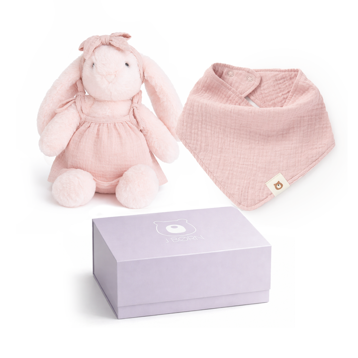 JBØRN Baby Gift Set | Bunny Soft Toy & Matching Muslin Baby Bib Blush Bunny & Bib Gift Set - Personalisable Baby Products Sold and Personalised by JustBørn