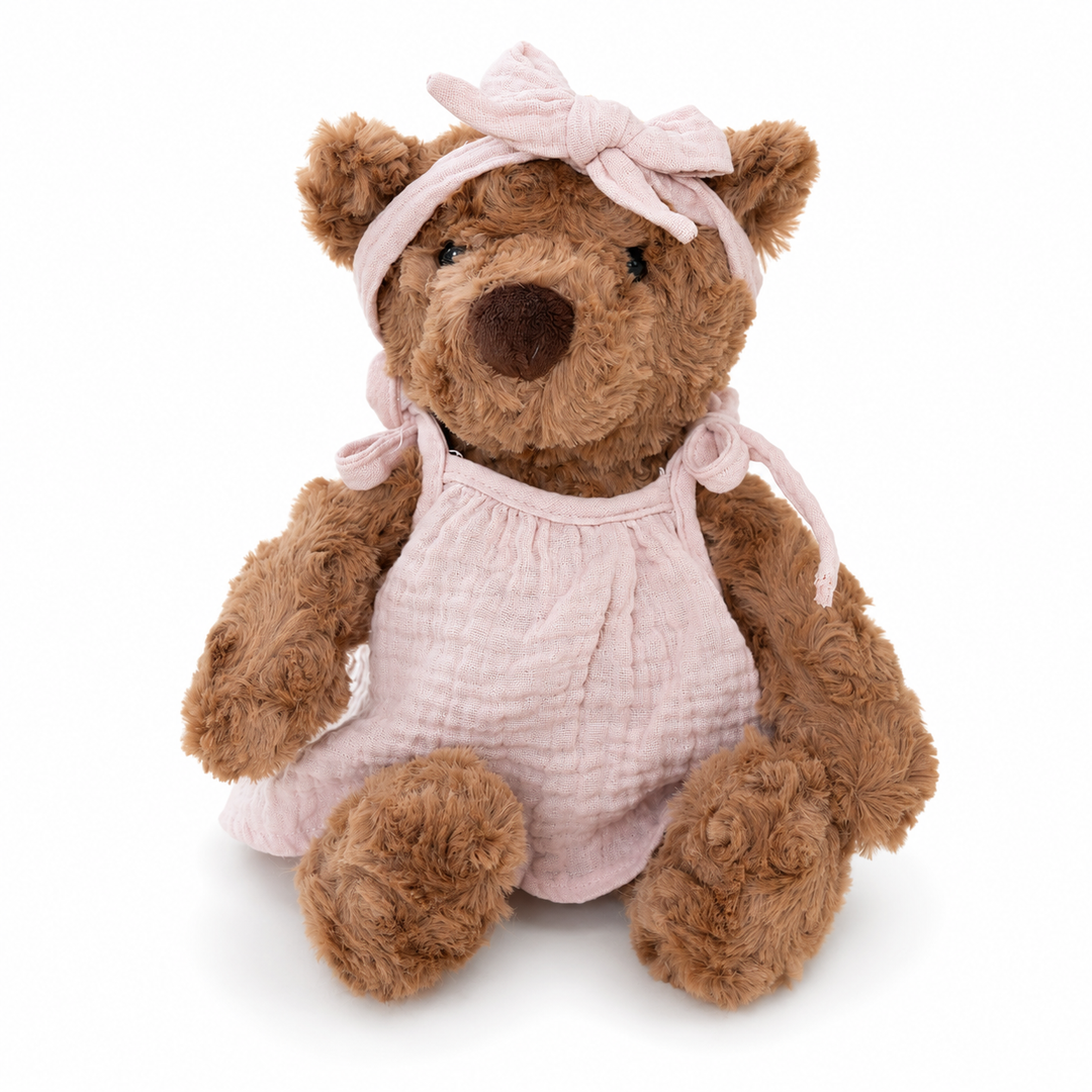 JBØRN Brown Teddy Bear Soft Toy with Personalised Outfit Brown Teddy in Blush Dress - Personalisable Baby Products Sold and Personalised by JustBørn
