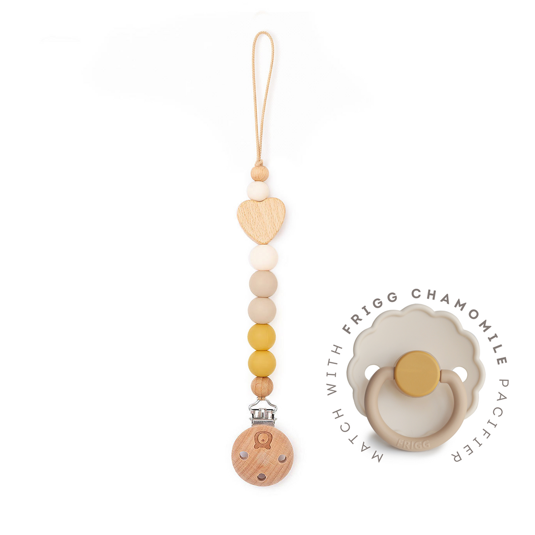 JBØRN Heart Colour Block Pacifier Clip Chamomile - Personalisable Baby Products Sold and Personalised by JustBørn