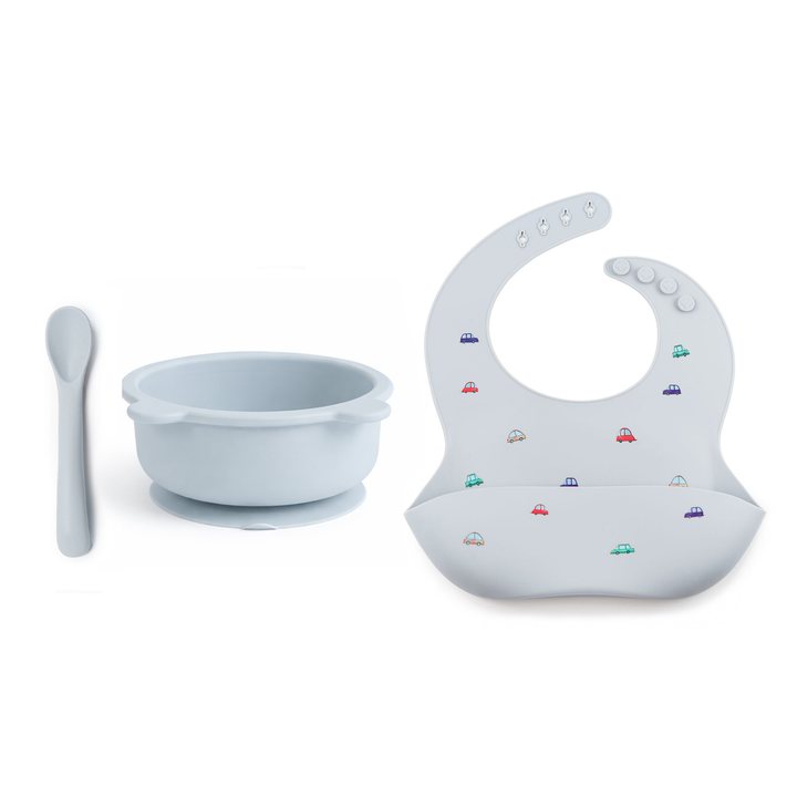 JBØRN Baby Weaning Basic Set Cars Powder Blue - Personalisable Baby Products Sold and Personalised by JustBørn