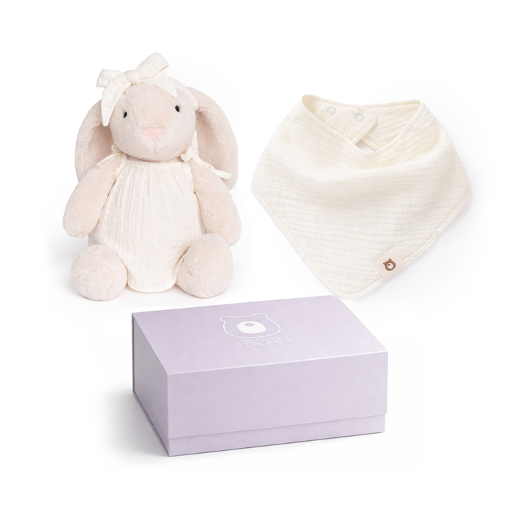 JBØRN Baby Gift Set | Bunny Soft Toy & Matching Muslin Baby Bib Cream Bunny & Bib Gift Set - Personalisable Baby Products Sold and Personalised by JustBørn