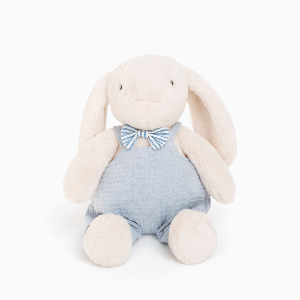 JBØRN Cream Bunny Soft Toy with Personalised Outfit Cream Cuddle Bunny in Blue Dungarees - Personalisable Baby Products Sold and Personalised by JustBørn