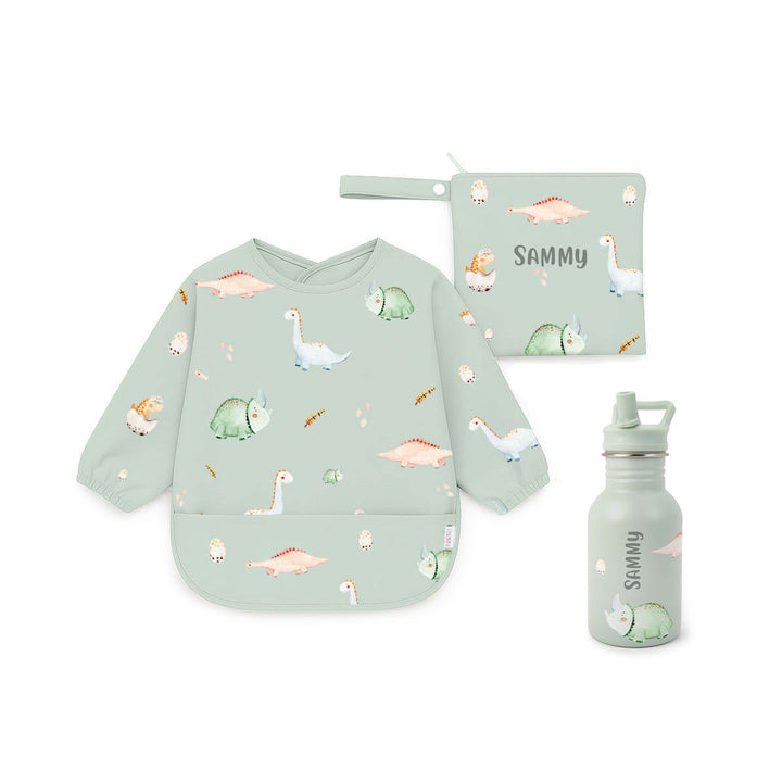 JBØRN First Birthday Gift Set | Personalised Water Bottle & Matching Sleeved Bib Dinosaurs - Personalisable Baby Products Sold and Personalised by JustBørn