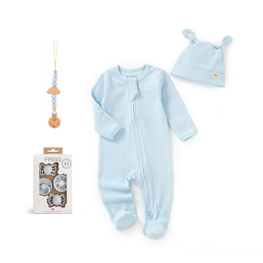 JBØRN x FRIGG Baby Gift Set | Organic Cotton Sleepsuit, First Pacifiers & Matching Clip First Pacifiers & Matching Sleepsuit Set | Baby Blue - Personalisable Baby Products Sold and Personalised by JustBørn