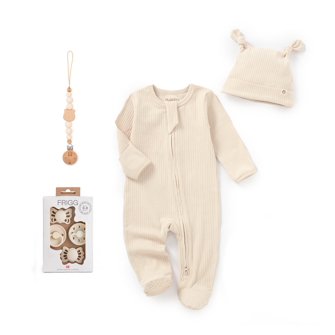 JBØRN x FRIGG Baby Gift Set | Organic Cotton Sleepsuit, First Pacifiers & Matching Clip First Pacifiers & Matching Sleepsuit Set | Cream - Personalisable Baby Products Sold and Personalised by JustBørn