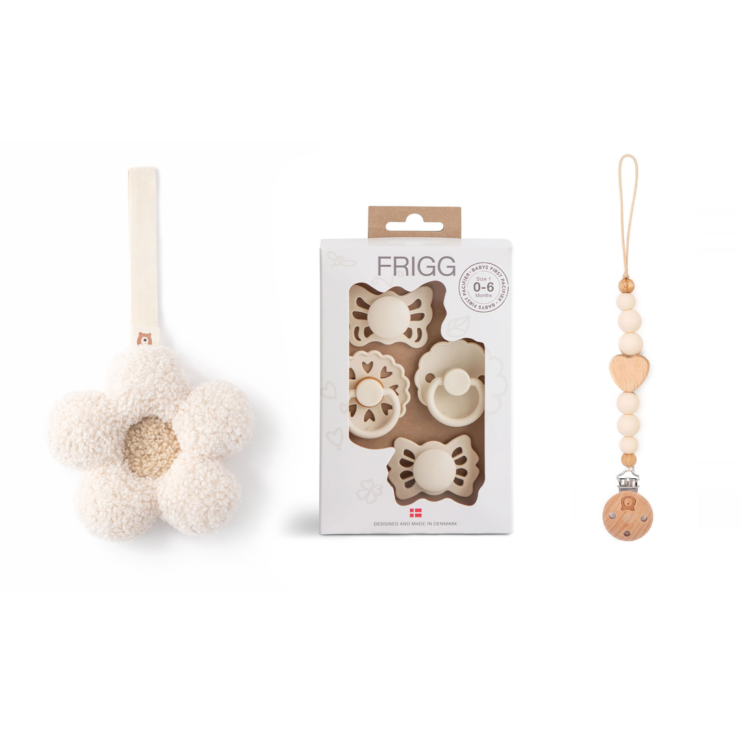 JBØRN x FRIGG Baby Gift Set | Baby's First Pacifier Pack & Holders Set Floral Heart Plush Cream Set - Personalisable Baby Products Sold and Personalised by JustBørn