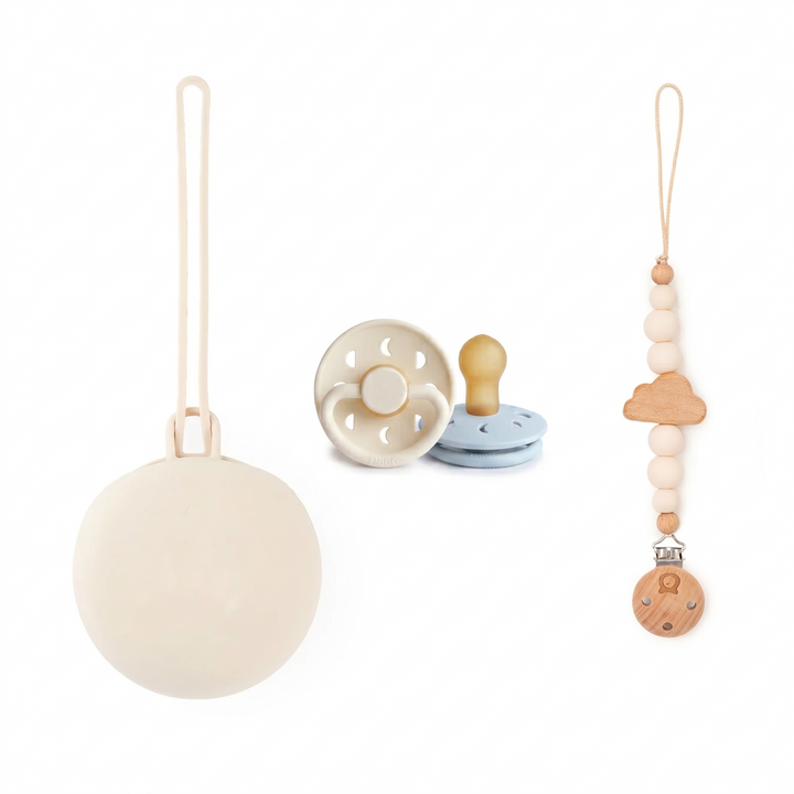 FRIGG Moon Pacifier & Matching JBØRN Clip & Holder Set Frigg Moon Pale Daffodil Ivory & Matching Holders - Personalisable Baby Products Sold and Personalised by JustBørn