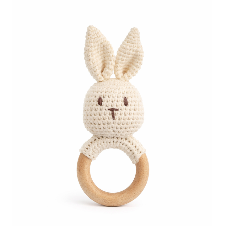 JBØRN Crochet Bunny Baby Rattle Toy Ivory Crochet Bunny - Personalisable Baby Products Sold and Personalised by JustBørn