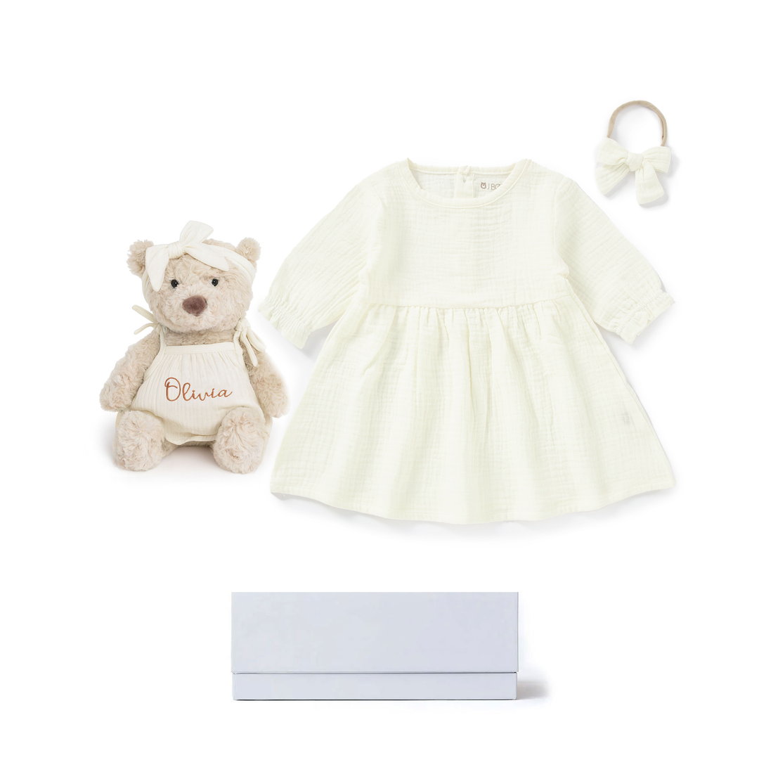 JBØRN New Baby Girl Gift Set | Personalised Teddy & Matching Baby Dress - Personalisable Baby Products Sold and Personalised by JustBørn