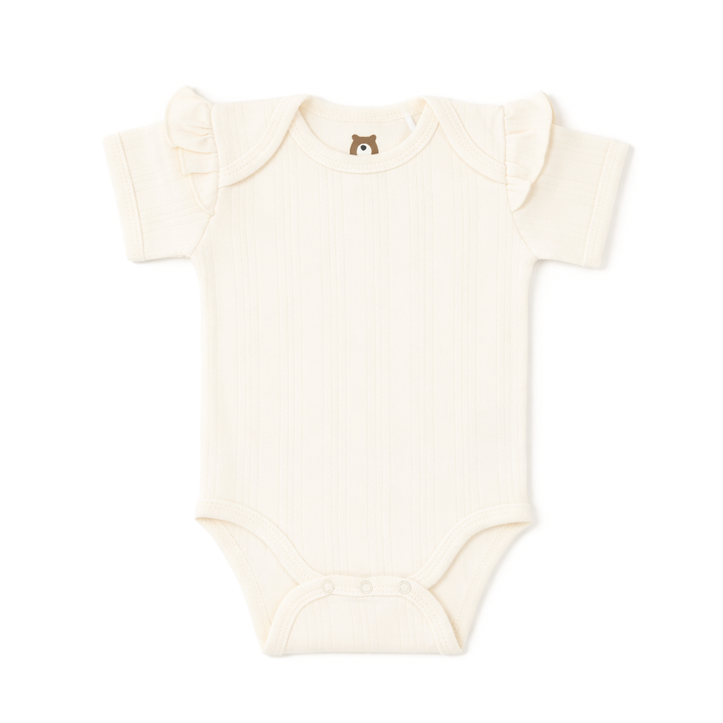 JBØRN Ribbed Bamboo Short Sleeve Bodysuit Ivory| Short Sleeve | Frill - Personalisable Baby Products Sold and Personalised by JustBørn