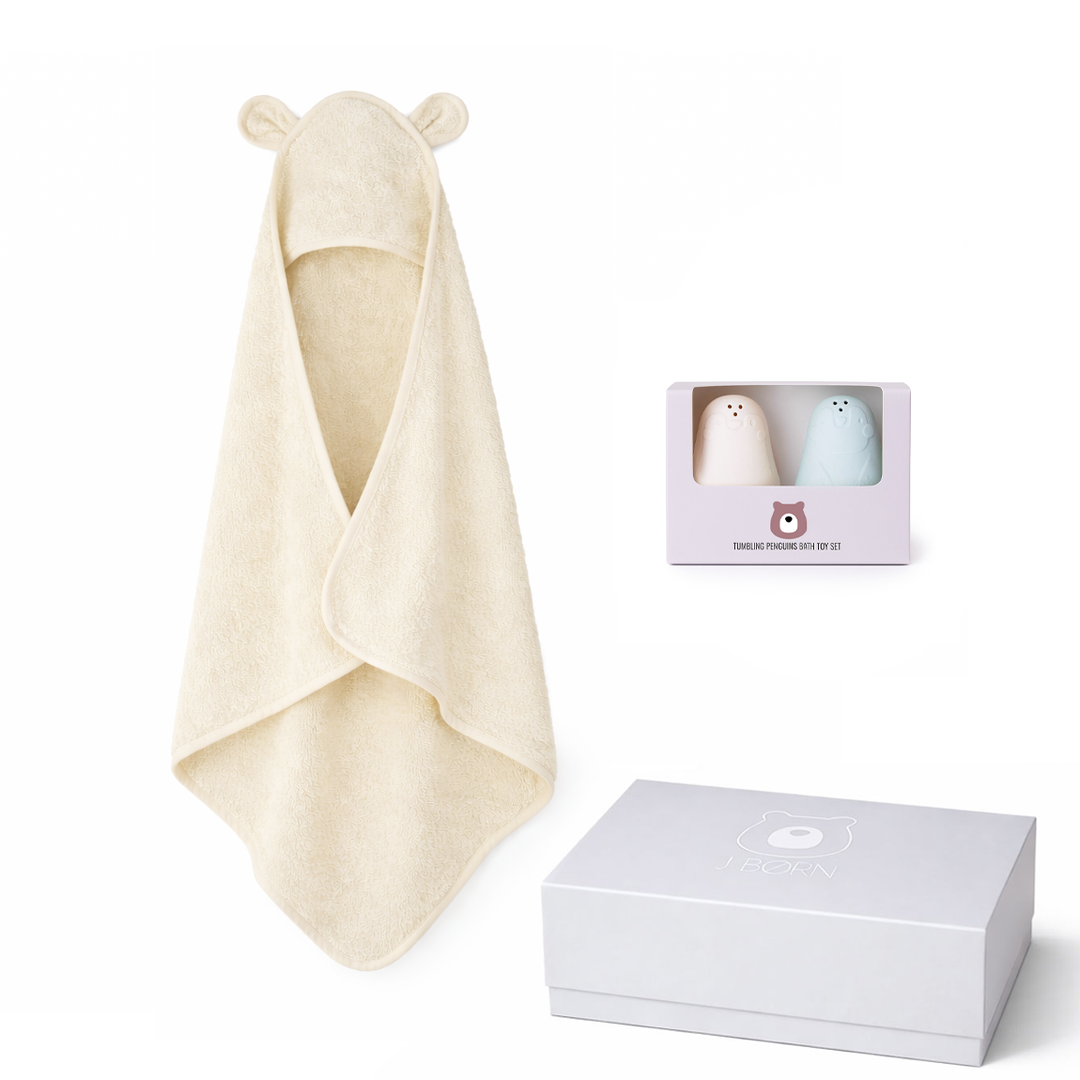 JBØRN Baby Gift Set | Organic Cotton Baby Hooded Towel & Bath Toys Ivory & Seafoam Set - Personalisable Baby Products Sold and Personalised by JustBørn