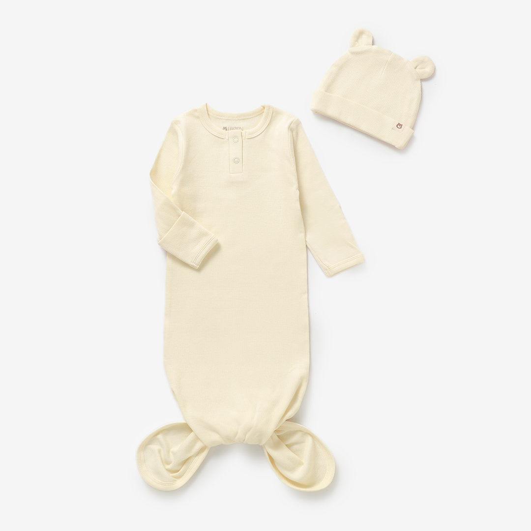 JBØRN Organic Cotton Knotted Baby Gown & Hat Knotted Gown | Pale Daffodil - Personalisable Baby Products Sold and Personalised by JustBørn
