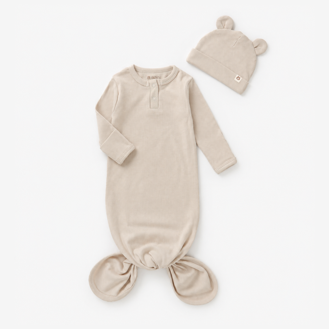 JBØRN Organic Cotton Knotted Baby Gown & Hat Knotted Gown | Sandstone - Personalisable Baby Products Sold and Personalised by JustBørn