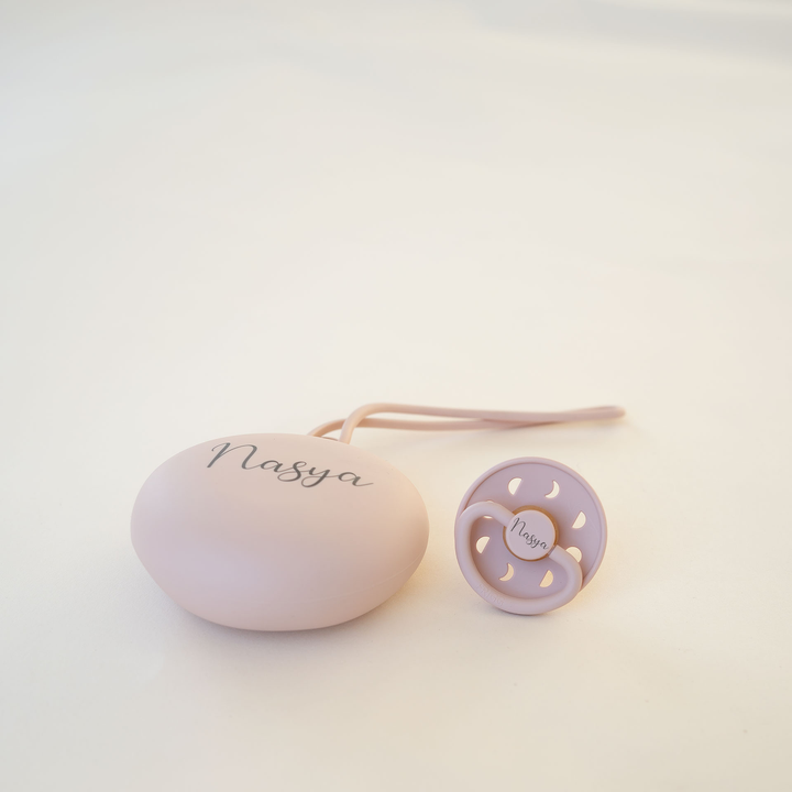 FRIGG Latex Pacifier & Matching JBØRN Holder Pod Moon Blush & Blush Pod - Personalisable Baby Products Sold and Personalised by JustBørn