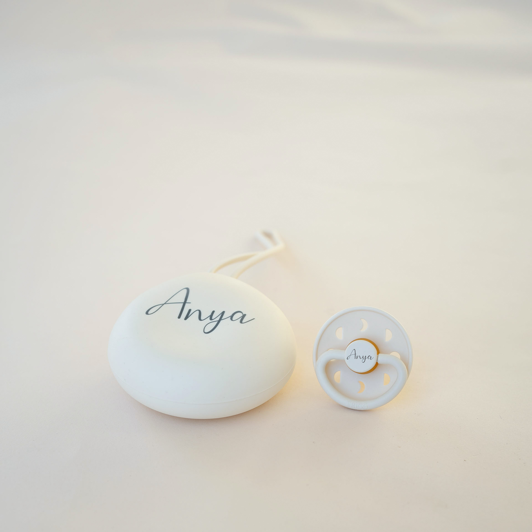 FRIGG Latex Pacifier & Matching JBØRN Holder Pod Moon Cream & Ivory Pod - Personalisable Baby Products Sold and Personalised by JustBørn