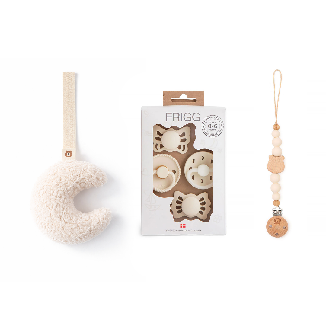 JBØRN x FRIGG Baby Gift Set | Baby's First Pacifier Pack & Holders Set Moonlight Plush Cream Set - Personalisable Baby Products Sold and Personalised by JustBørn