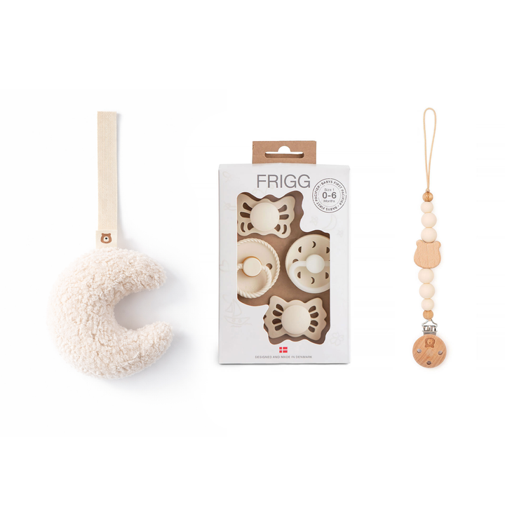 JBØRN x FRIGG Baby Gift Set | Baby's First Pacifier Pack & Holders Set Moonlight Plush Cream Set - Personalisable Baby Products Sold and Personalised by JustBørn