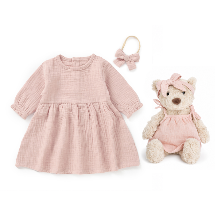 JBØRN New Baby Girl Gift Set | Personalised Teddy & Matching Baby Dress Muslin Dress & Teddy Set | Blush - Personalisable Baby Products Sold and Personalised by JustBørn