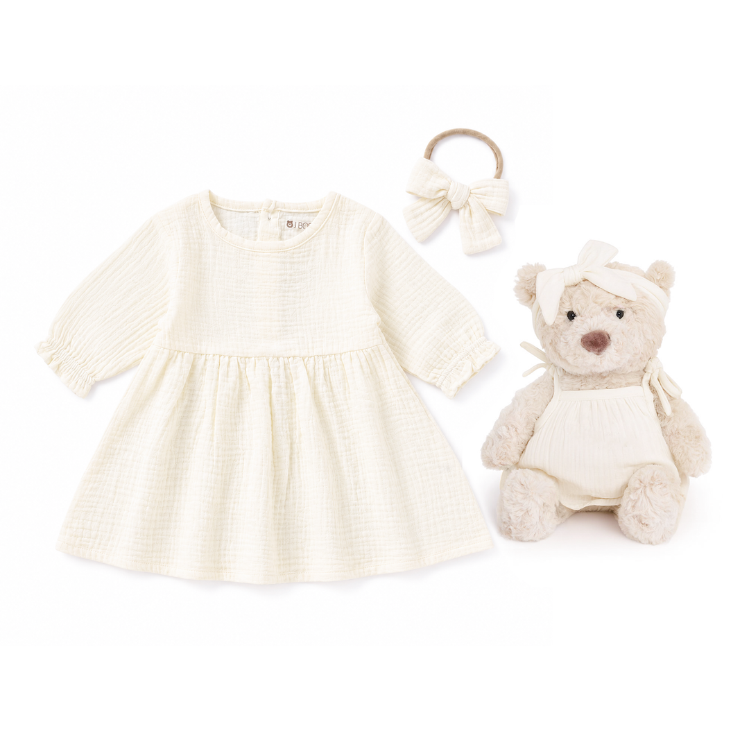 JBØRN New Baby Girl Gift Set | Personalised Teddy & Matching Baby Dress Muslin Dress & Teddy Set | Ivory - Personalisable Baby Products Sold and Personalised by JustBørn