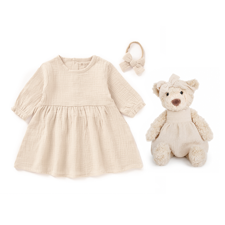 JBØRN New Baby Girl Gift Set | Personalised Teddy & Matching Baby Dress Muslin Dress & Teddy Set | Vanilla - Personalisable Baby Products Sold and Personalised by JustBørn