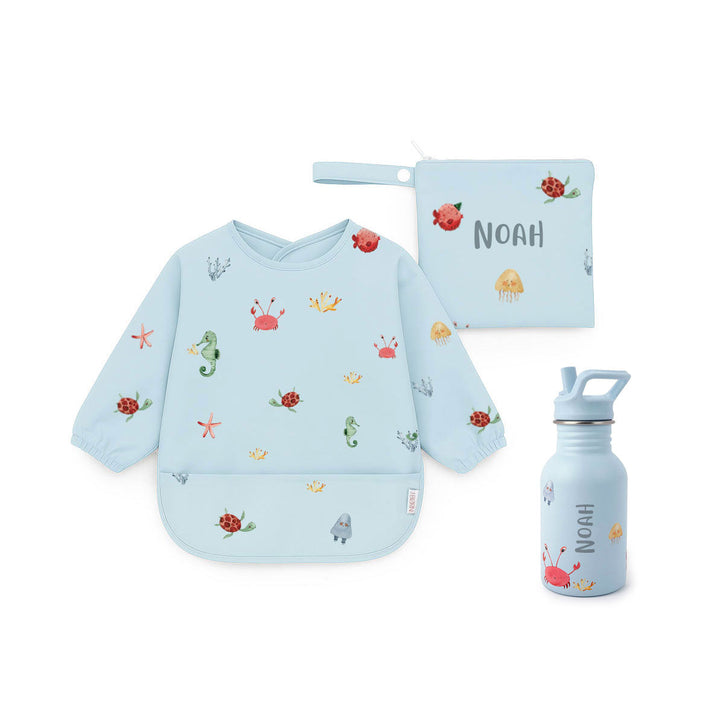 JBØRN First Birthday Gift Set | Personalised Water Bottle & Matching Sleeved Bib Ocean - Personalisable Baby Products Sold and Personalised by JustBørn