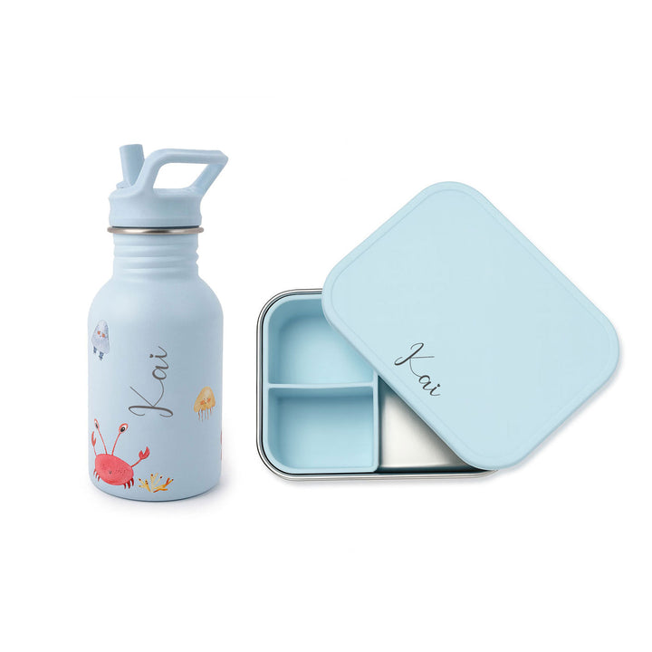 JBØRN Personalised Set | Water Bottle & Lunch Box Set Ocean Lunch Box Set - Personalisable Baby Products Sold and Personalised by JustBørn