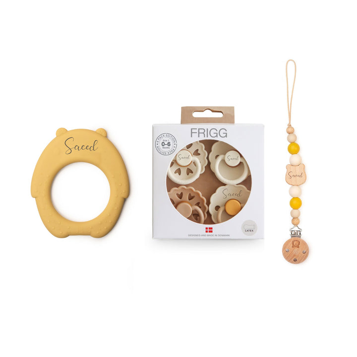 JBØRN Silicone Bear Teether + FRIGG Pacifiers & Matching Clip - Personalisable Baby Products Sold and Personalised by JustBørn