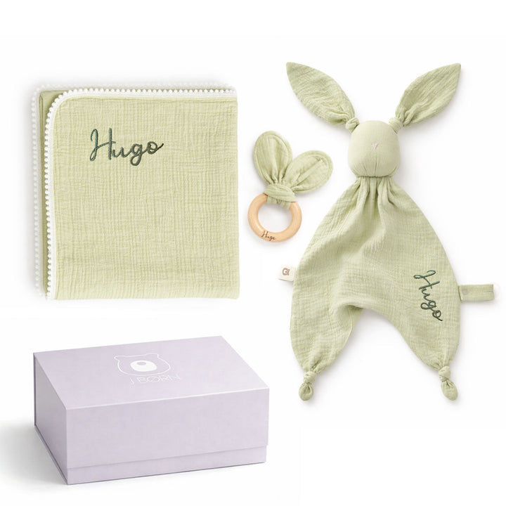 JBØRN Baby Gift Set | Organic Cotton Muslin Blanket, Comforter & Teether Set Pistachio Swaddle & Comforter Gift Set - Personalisable Baby Products Sold and Personalised by JustBørn