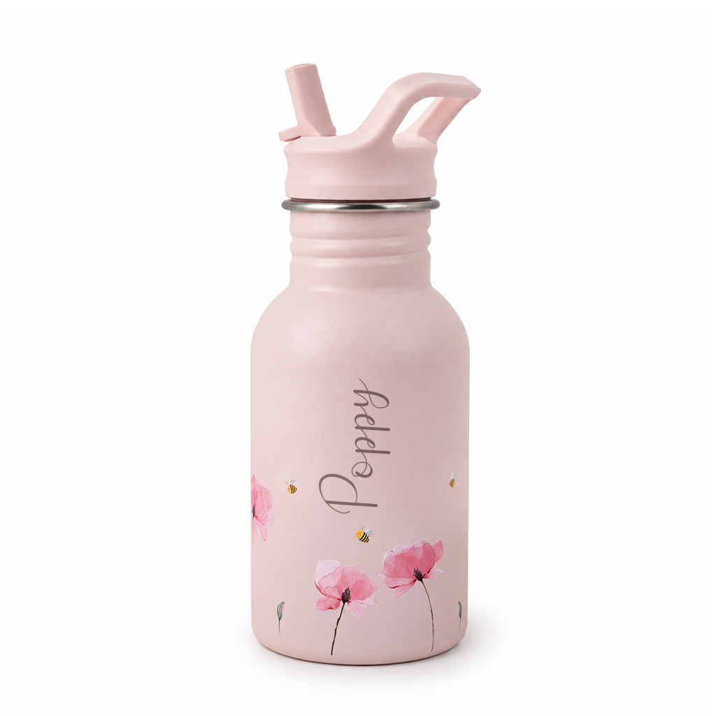JBØRN Personalised Stainless Steel Kids Water Bottle Poppy Flowers - Personalisable Baby Products Sold and Personalised by JustBørn