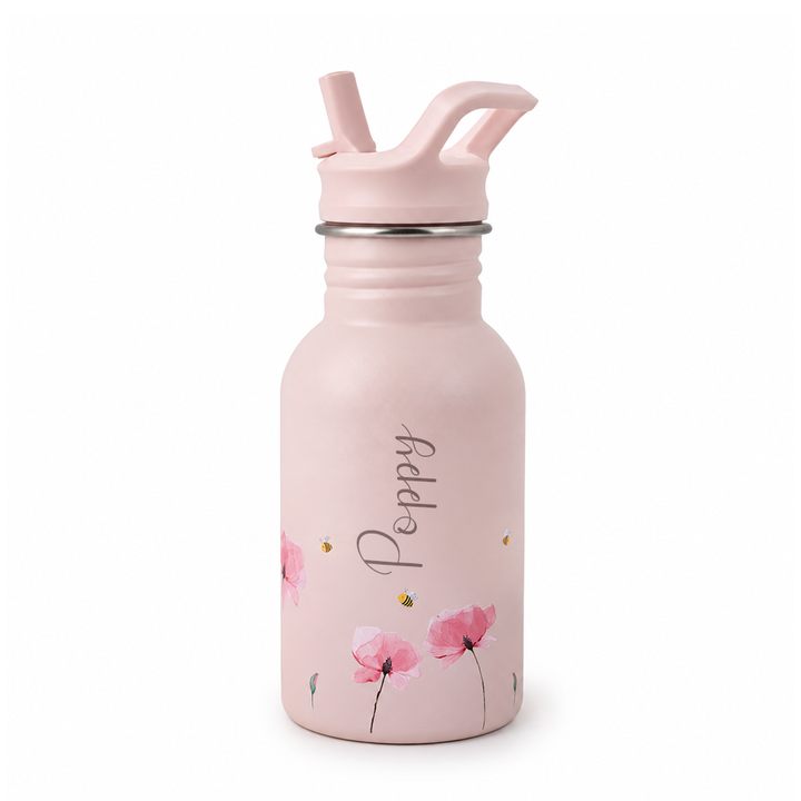 JBØRN Personalised Stainless Steel Kids Water Bottle Poppy Flowers - Personalisable Baby Products Sold and Personalised by JustBørn