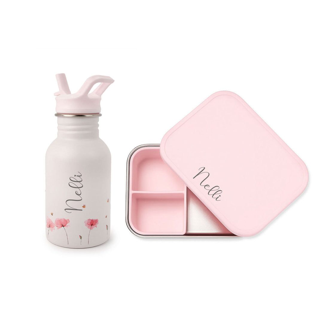 JBØRN Personalised Set | Water Bottle & Lunch Box Set Poppy Lunch Box Set - Personalisable Baby Products Sold and Personalised by JustBørn