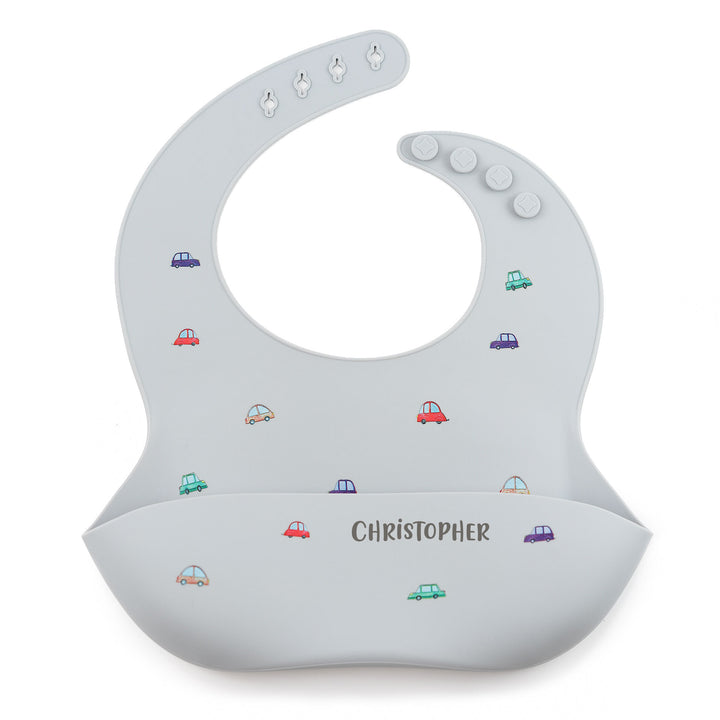 JBØRN Silicone Baby Feeding Bib | Weaning Essentials Cars Powder Blue - Personalisable Baby Products Sold and Personalised by JustBørn