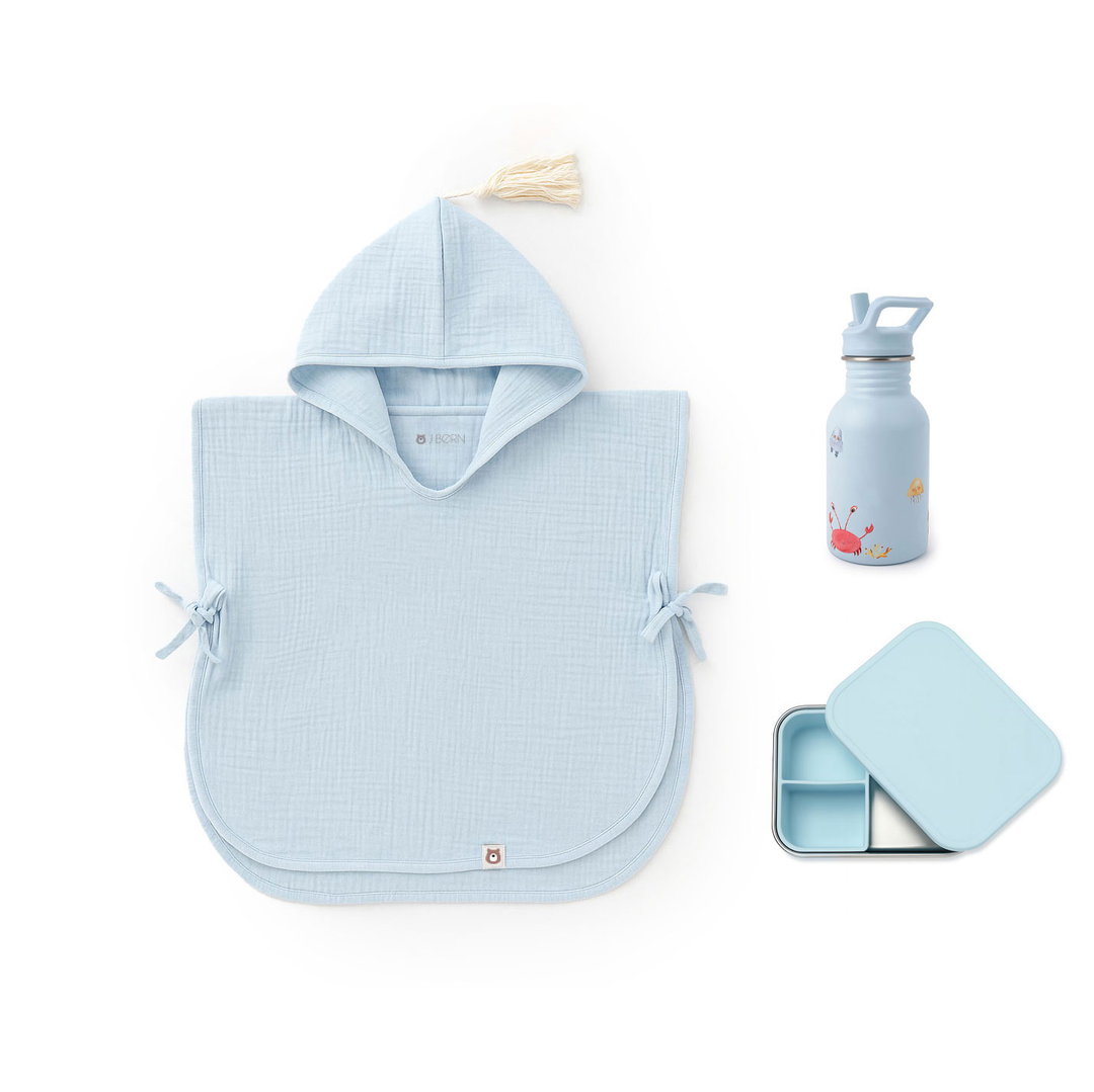 JBØRN Summer Set | Hooded Poncho + Water Bottle + Snack Box Powder Blue Beach Set - Personalisable Baby Products Sold and Personalised by JustBørn