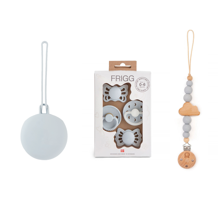 JBØRN X FRIGG Trial Collection Pacifiers & Personalised Holders Set Powder Blue Moonlight Set - Personalisable Baby Products Sold and Personalised by JustBørn