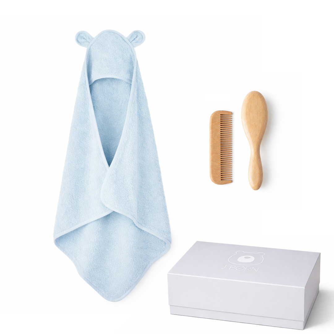 JBØRN Baby Gift Set | Organic Cotton Towel & Hair Brush Set Baby Blue - Personalisable Baby Products Sold and Personalised by JustBørn