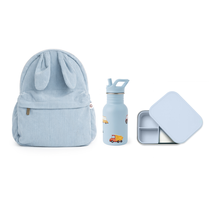 JBØRN Toddler Travel Bundle | Backpack, Water Bottle & Lunch Box Set Powder Blue Travel Bundle - Personalisable Baby Products Sold and Personalised by JustBørn