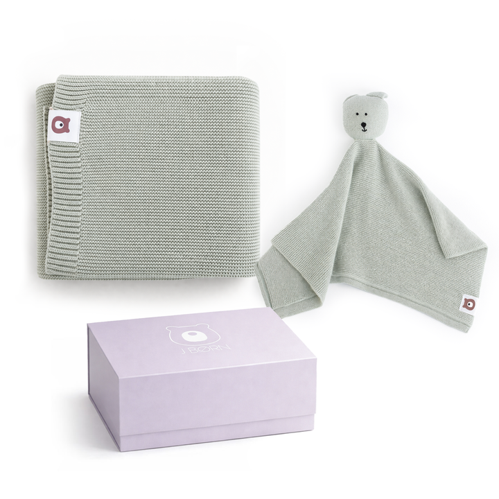 JBØRN Baby Gift Set | Knitted Blanket & Comforter Sage Knitted Blankets Gift Set - Personalisable Baby Products Sold and Personalised by JustBørn