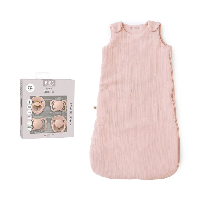 JBØRN Baby Gift Set | Organic Cotton Muslin Sleep Bag & First Pacifiers Blush BIBS Try It Collection - Personalisable Baby Products Sold and Personalised by JustBørn